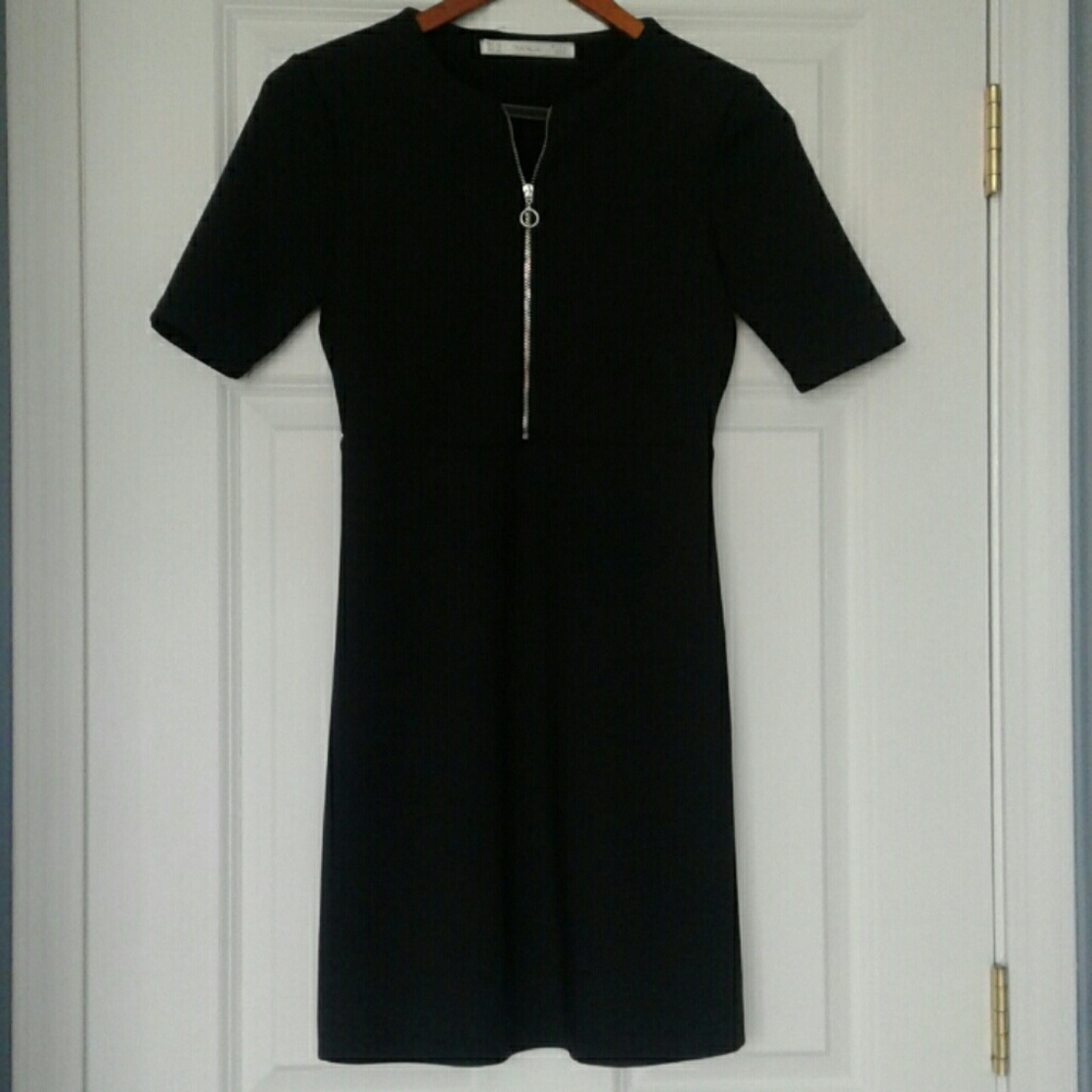 Zara Black Scuba Material Zip Front Dress